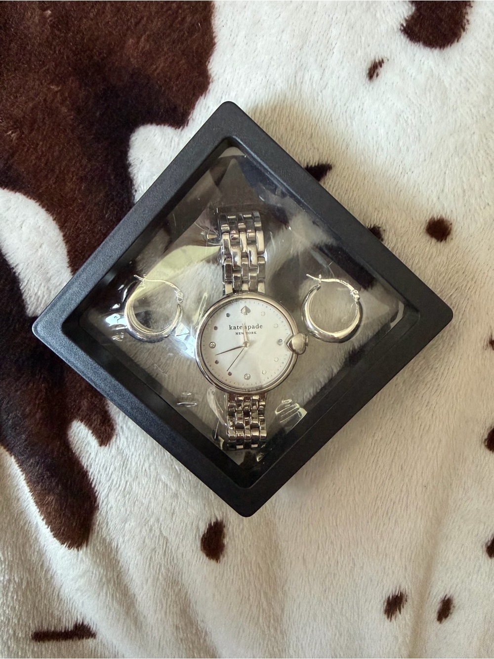 kate spade silver-tone bracelet watch with matching hoop earrings